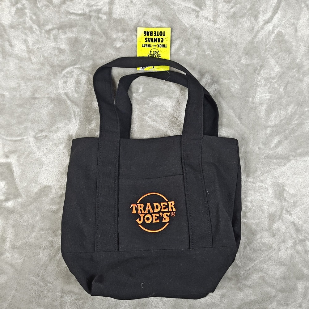 Trader Joes Mini Tote Bag Small Black Orange Halloween Embroidered Canvas New